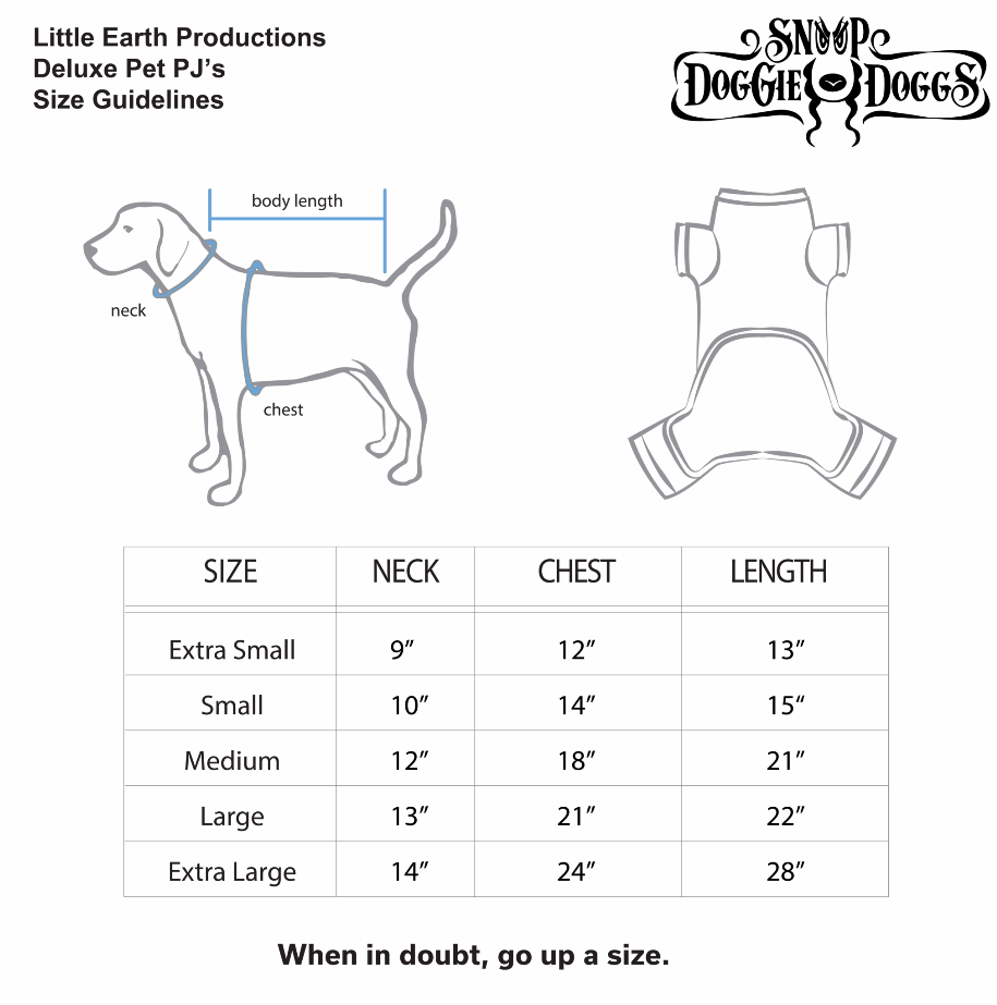 Halftime Deluxe Pet PJs size chart for sizes Extra Small through Extra Large.