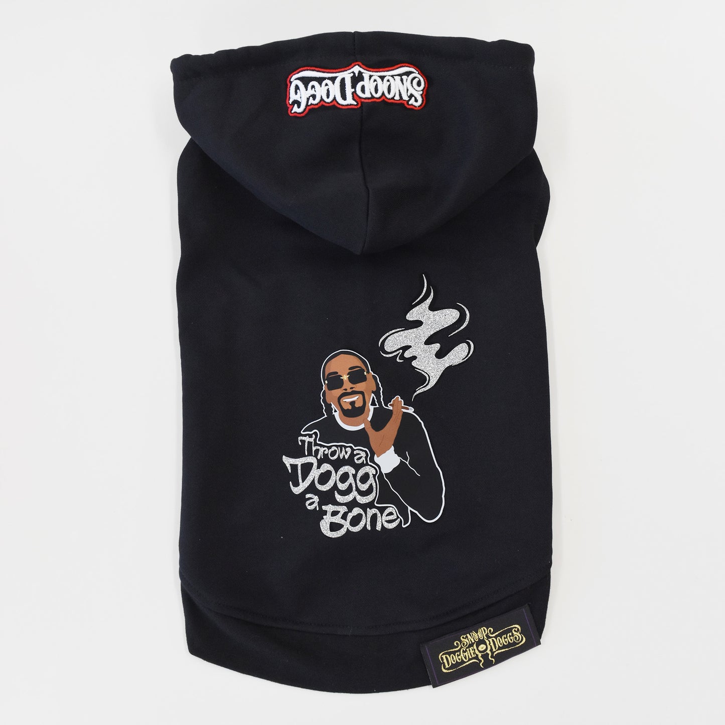 Product flat lay of the Throw A Dogg A Bone Deluxe Pet Hoodie.