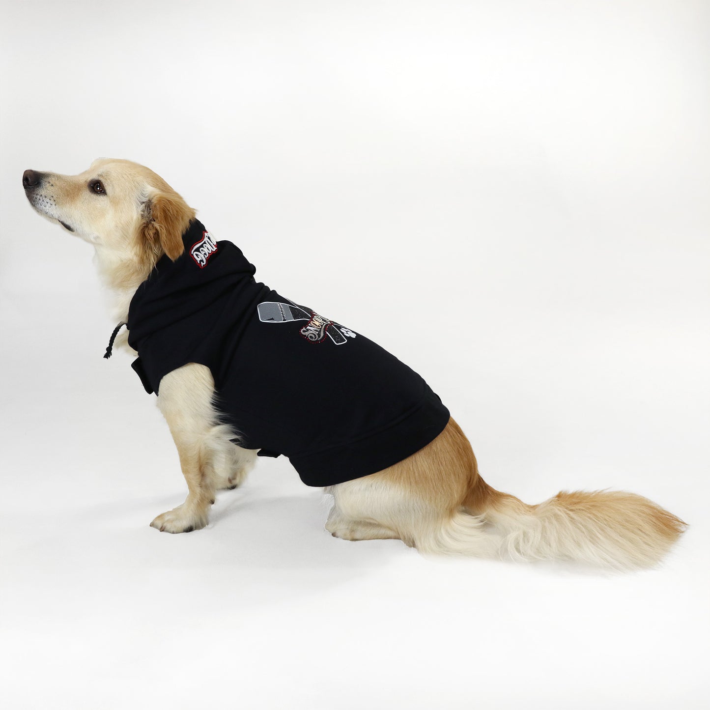 Ruby the Corgi, Shepherd Mix wearing the Mic Drop Deluxe Pet Hoodie in size Medium.