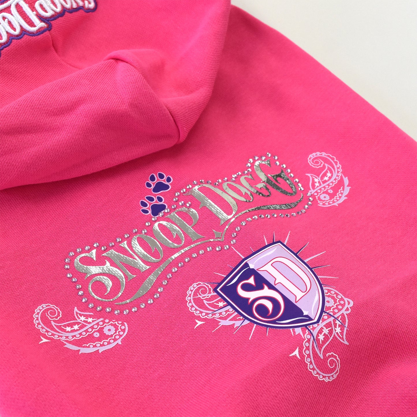 A close up of the Boss Lady Deluxe Pet Hoodie sparkle design.