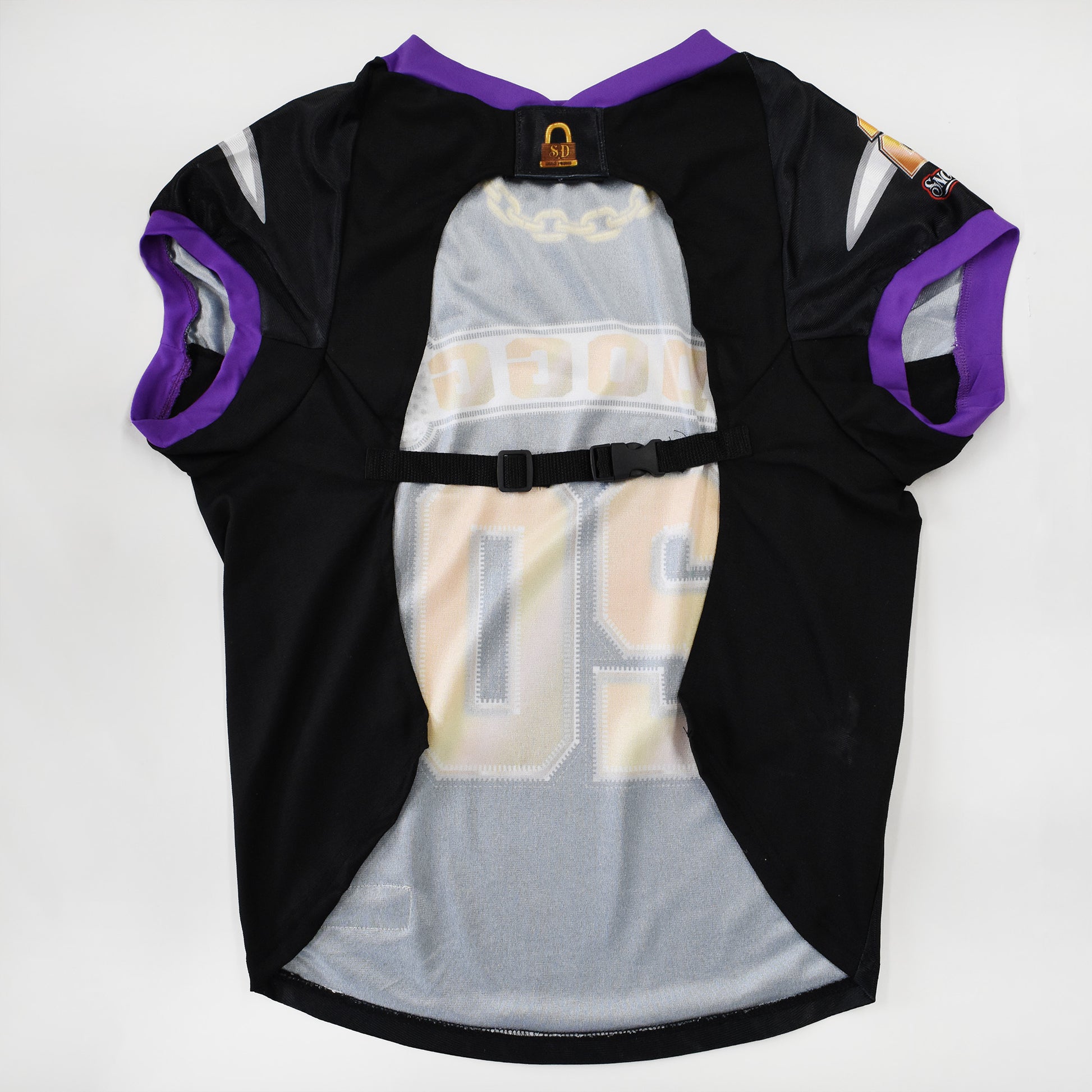 Product flat lay of the Off The Chain Deluxe Pet Jersey with buckle closure.