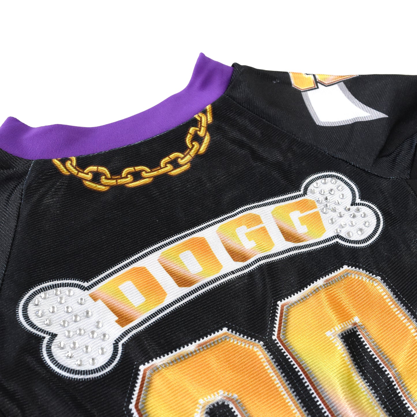 A close up detail image showing design sublimation and sparkle detail of the Off The Chain Deluxe Pet Jersey.