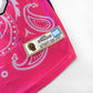 A close up detail image showing design sublimation and embroidered jersey tag of the Boss Lady Deluxe Pet Jersey.