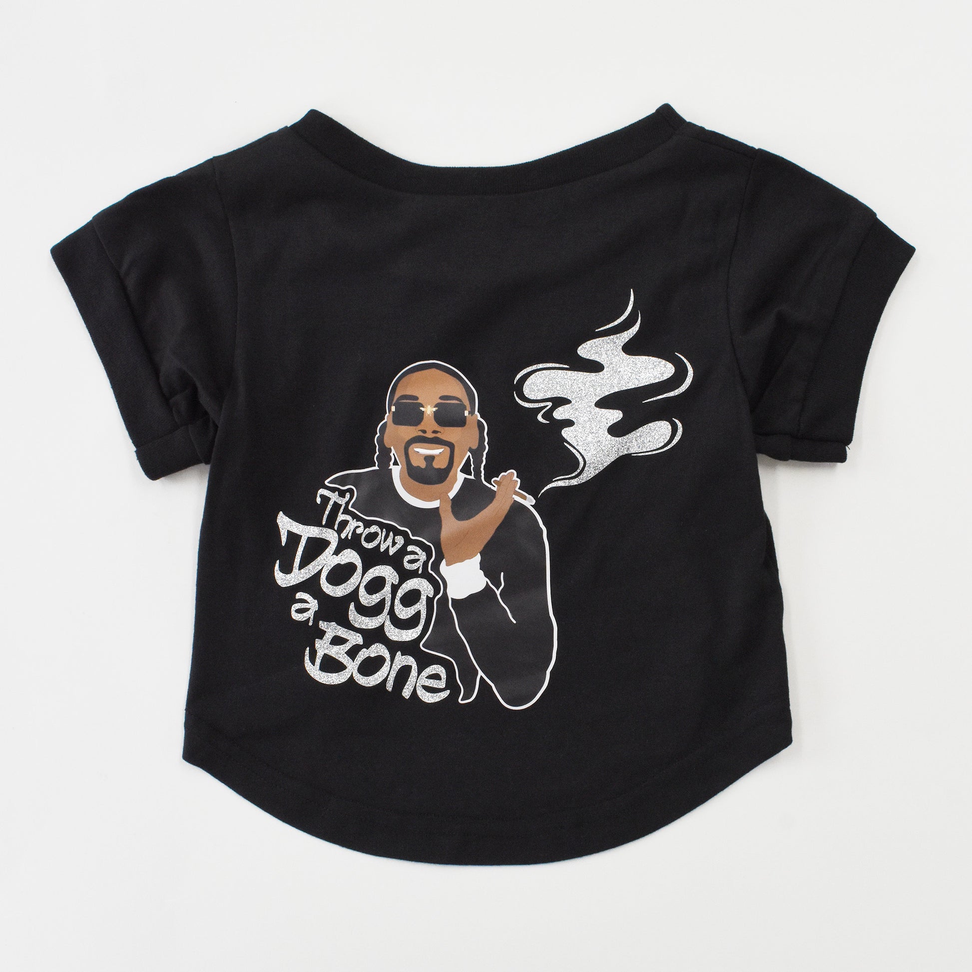 Product flat lay of the Throw A Dogg A Bone Deluxe Pet T-Shirt.