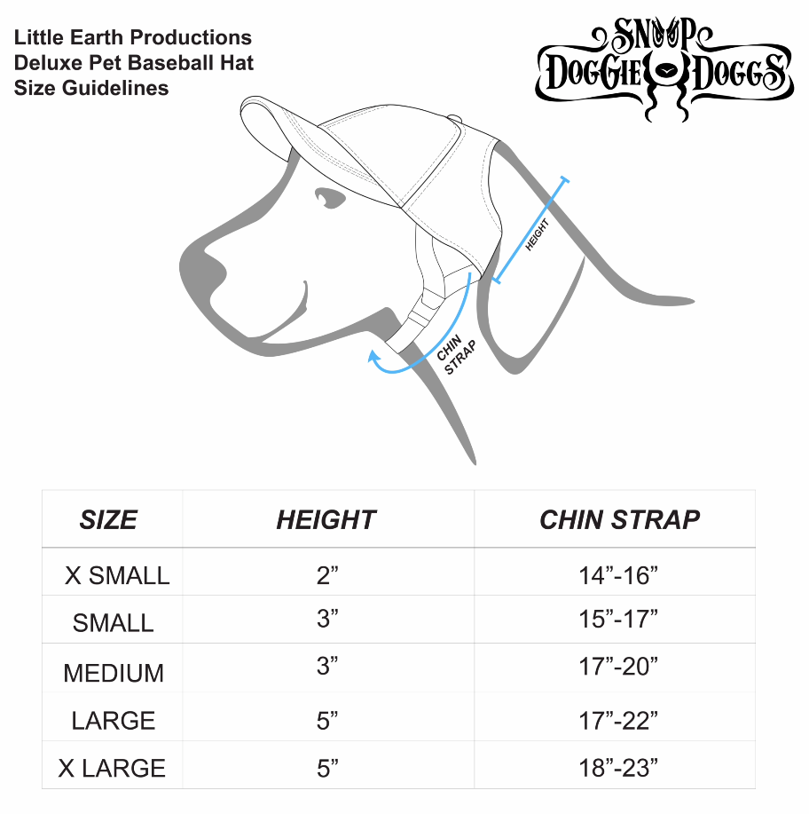 Classic Snoop Deluxe Pet Baseball Hat size chart for sizes Extra Small through Extra Large.