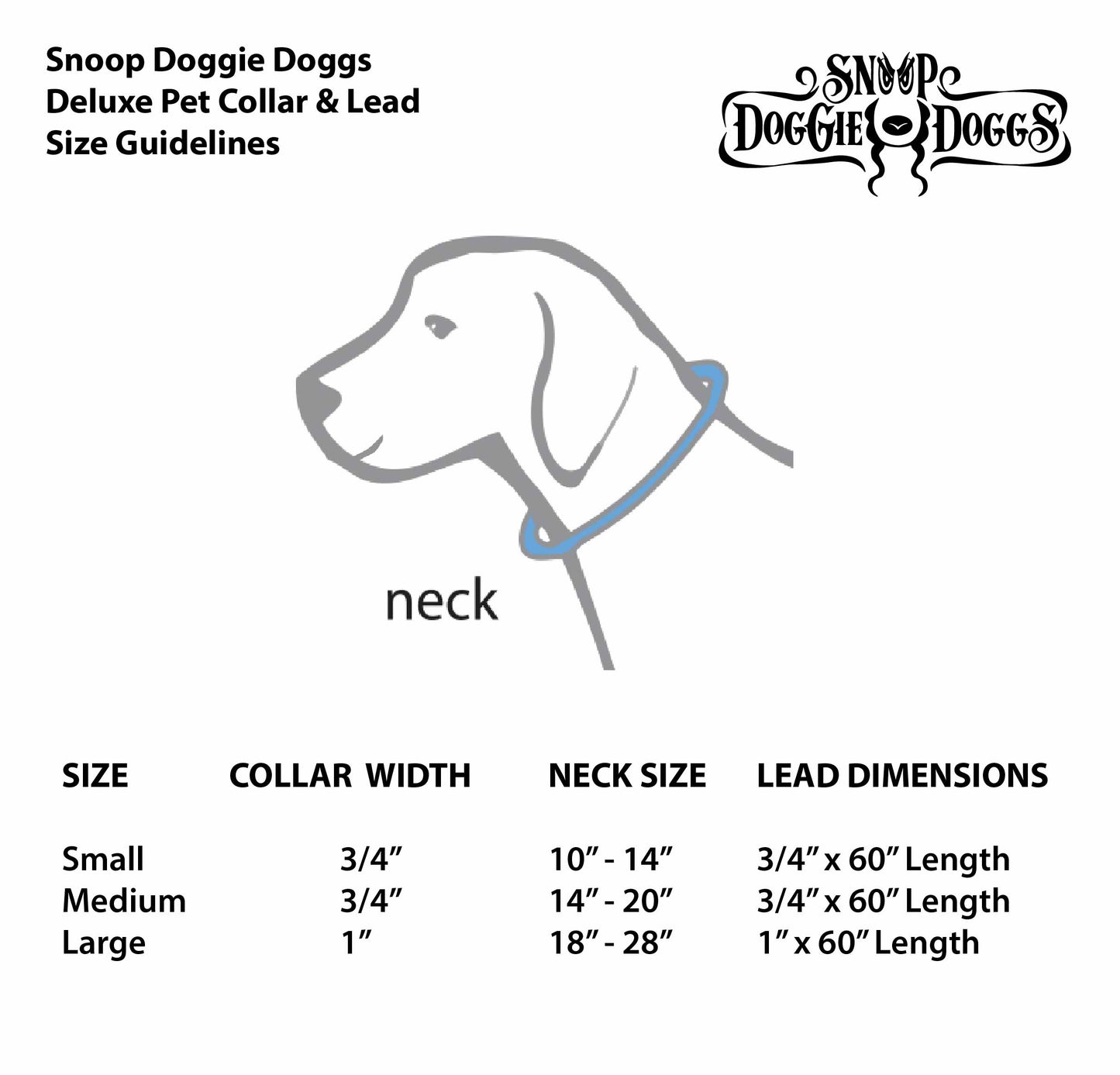 Off The Chain Deluxe Pet Collar size chart for sizes Small, Medium and Large.