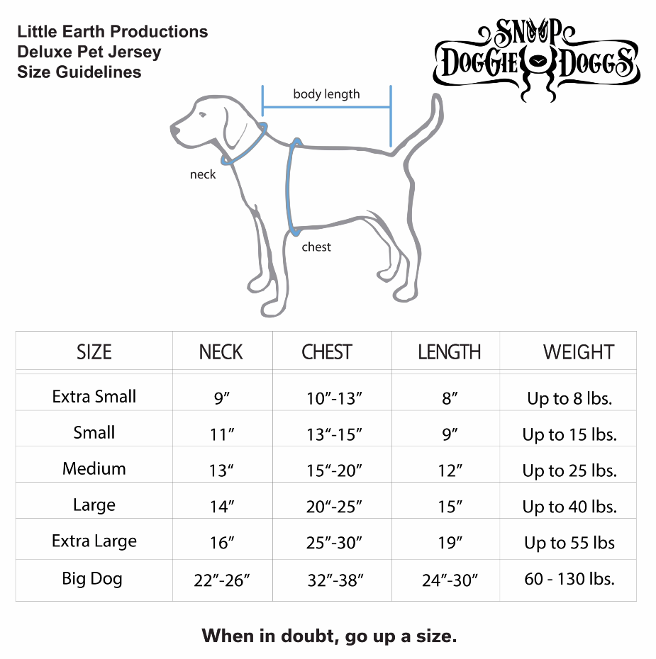 Halftime Deluxe Pet Jersey size chart for sizes Extra Small through Extra Large.
