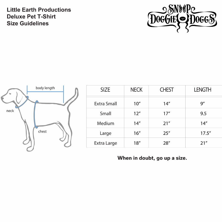 Off The Chain Deluxe Pet T-Shirt size chart for sizes Extra Small through Extra Large.