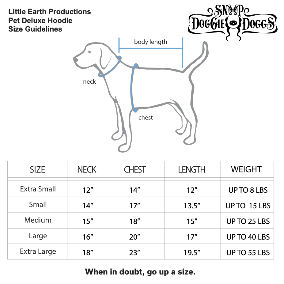 Throw A Dogg A Bone Deluxe Pet Hoodie size chart for sizes Extra Small through Extra Large.